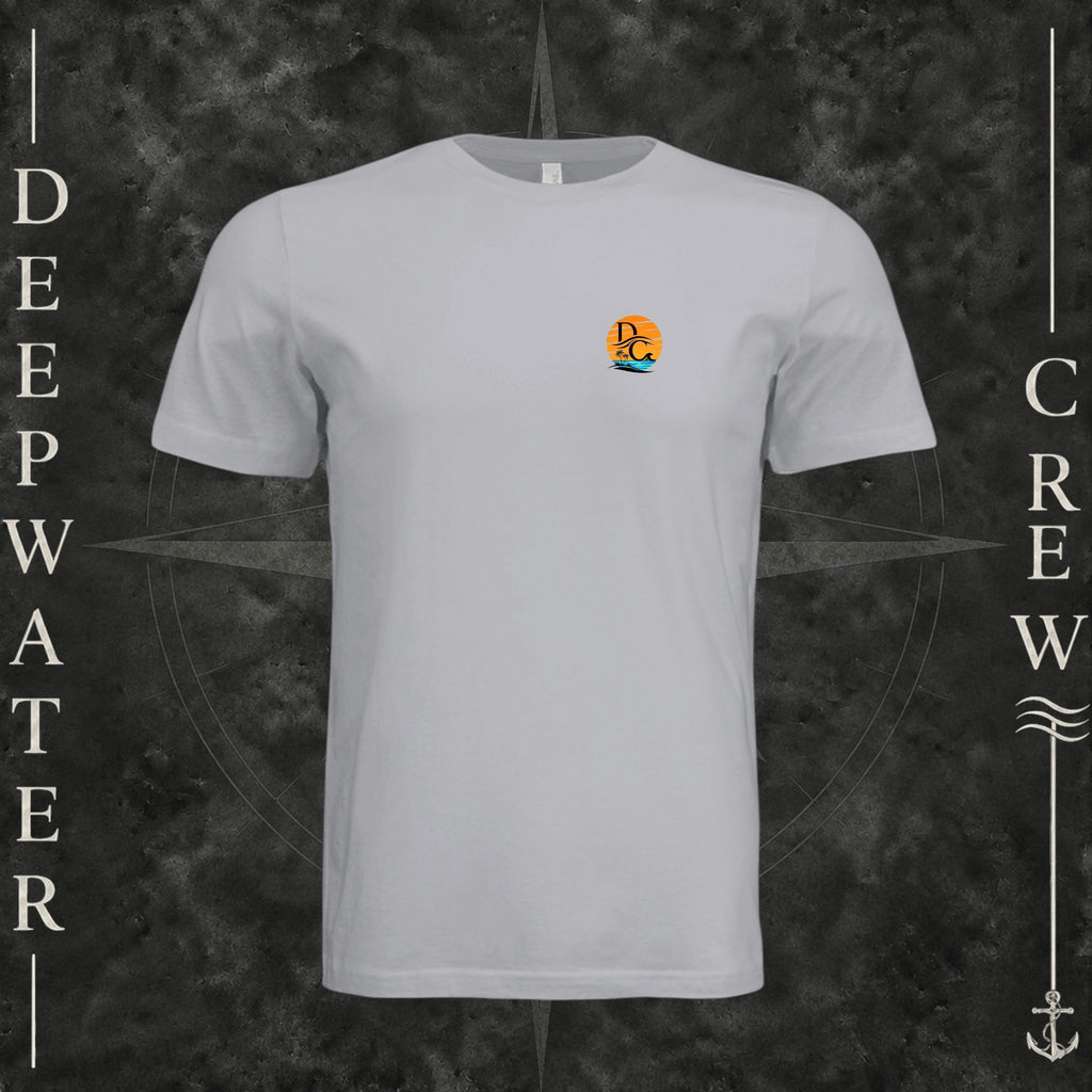 Solid Athletic Grey Deepwater Crew Co. Salt Runs Deep crewneck T-shirt, front view with small tropical DC sunset-and-wave crest logo.