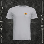 Solid Athletic Grey Deepwater Crew Co. Salt Runs Deep crewneck T-shirt, front view with small tropical DC sunset-and-wave crest logo.
