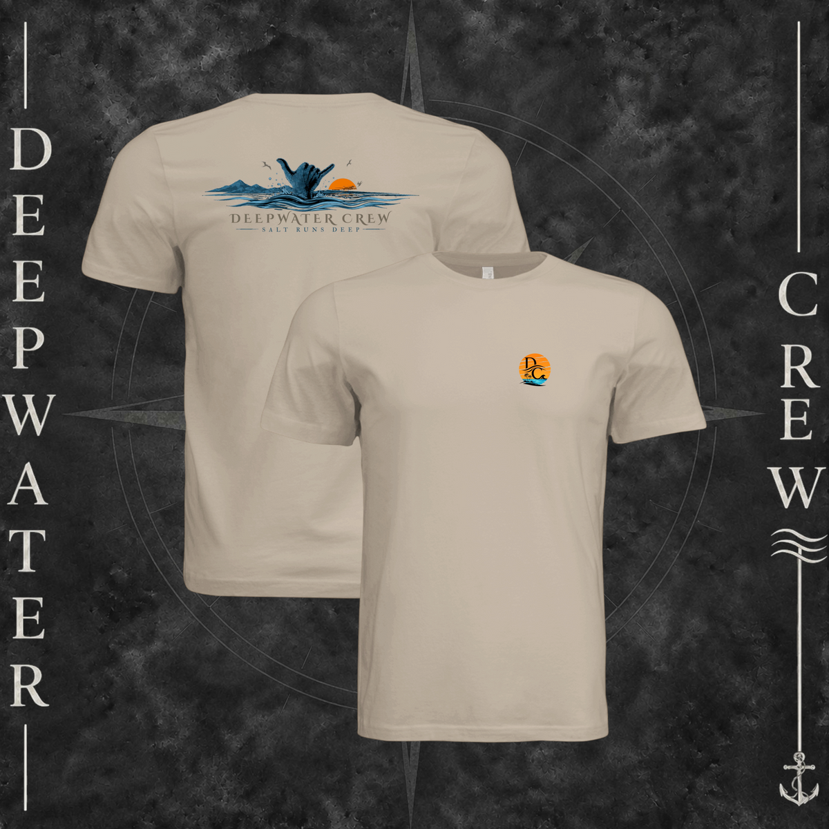 Tan Deepwater Crew Co. Salt Runs Deep crewneck T-shirt showing front and back views with tropical DC sunset-and-wave chest logo and shaka, ocean waves, mountains, sunset, seabirds, and Salt Runs Deep back graphic.