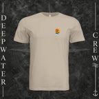 Tan Deepwater Crew Co. Salt Runs Deep crewneck T-shirt, front view with small tropical DC sunset-and-wave crest logo.