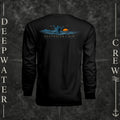 Black Deepwater Crew Co. Salt Runs Deep UPF 44+ long-sleeve performance shirt, back view with shaka hand, ocean waves, distant mountains, orange sunset, seabirds, and “Salt Runs Deep” lettering.