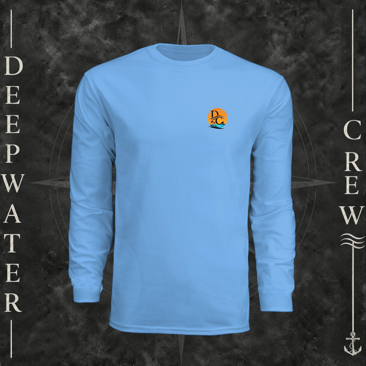Light Blue Deepwater Crew Co. Salt Runs Deep UPF 44+ long-sleeve performance shirt, front view with small tropical DC sunset-and-wave crest logo.