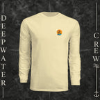 Light Yellow Deepwater Crew Co. Salt Runs Deep UPF 44+ long-sleeve performance shirt, front view with small tropical DC sunset-and-wave crest logo.
