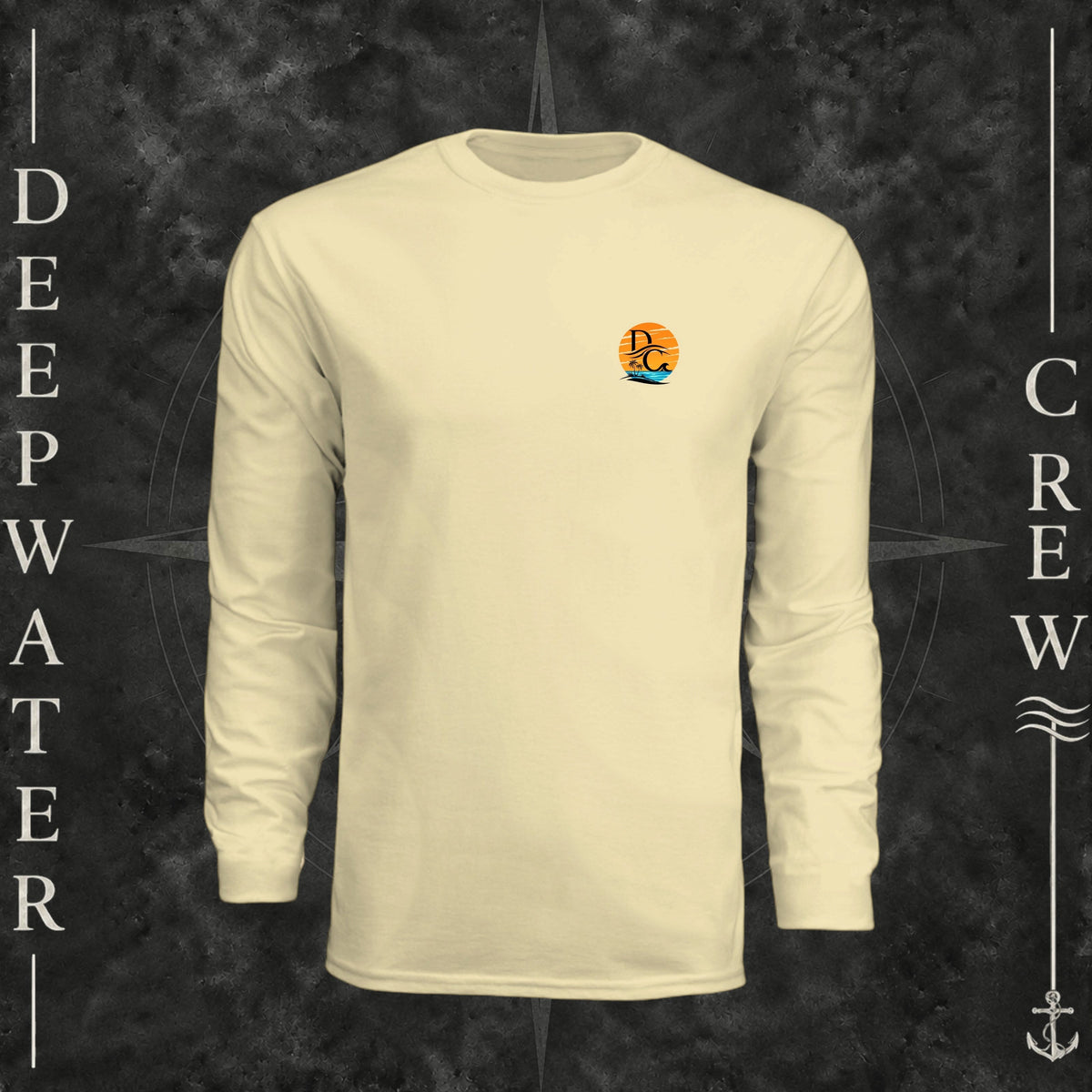 Light Yellow Deepwater Crew Co. Salt Runs Deep UPF 44+ long-sleeve performance shirt, front view with small tropical DC sunset-and-wave crest logo.