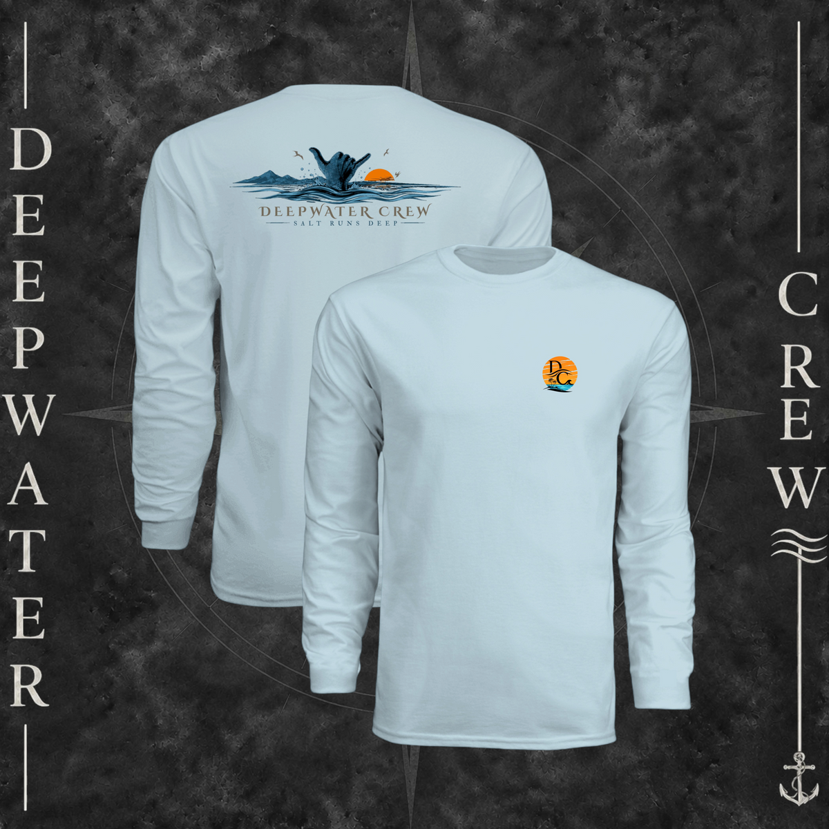 Pastel Blue Deepwater Crew Co. Salt Runs Deep UPF 44+ long-sleeve performance shirt showing front and back views with tropical DC sunset-and-wave chest logo and shaka, ocean waves, mountains, sunset, seabirds, and Salt Runs Deep back graphic.