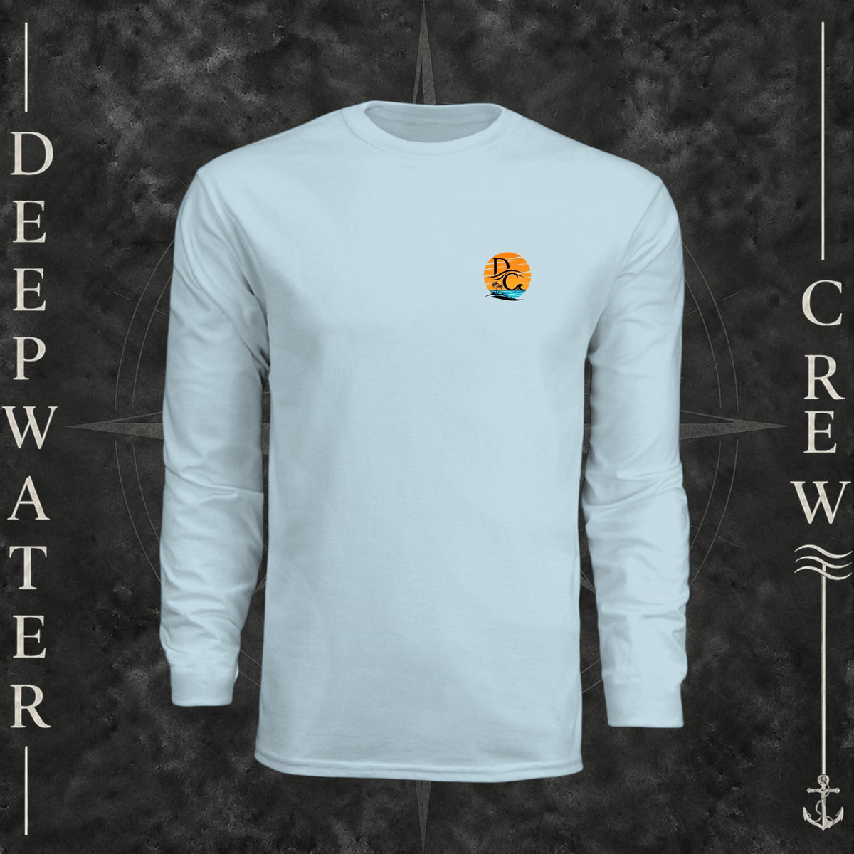 Pastel Blue Deepwater Crew Co. Salt Runs Deep UPF 44+ long-sleeve performance shirt, front view with small tropical DC sunset-and-wave crest logo.