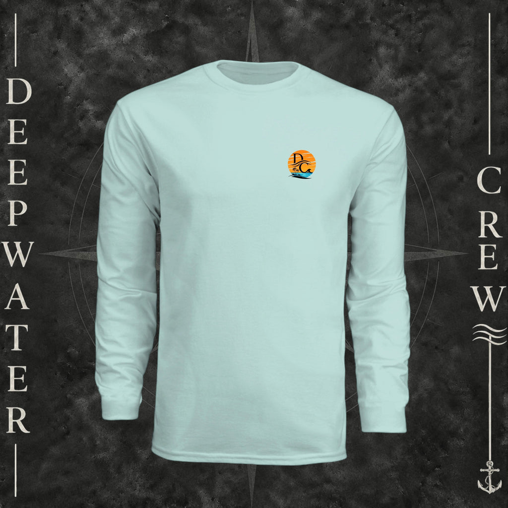 Pastel Mint Deepwater Crew Co. Salt Runs Deep UPF 44+ long-sleeve performance shirt, front view with small tropical DC sunset-and-wave crest logo.