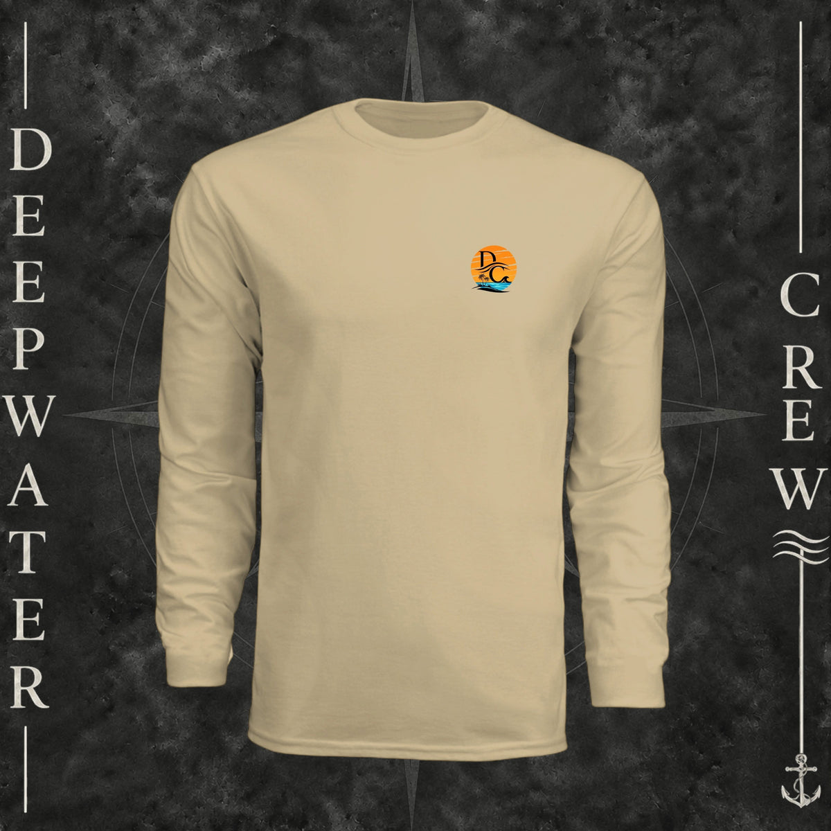 Sand Deepwater Crew Co. Salt Runs Deep UPF 44+ long-sleeve performance shirt, front view with small tropical DC sunset-and-wave crest logo.