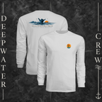 Silver Deepwater Crew Co. Salt Runs Deep UPF 44+ long-sleeve performance shirt showing front and back views with tropical DC sunset-and-wave chest logo and shaka, ocean waves, mountains, sunset, seabirds, and Salt Runs Deep back graphic.