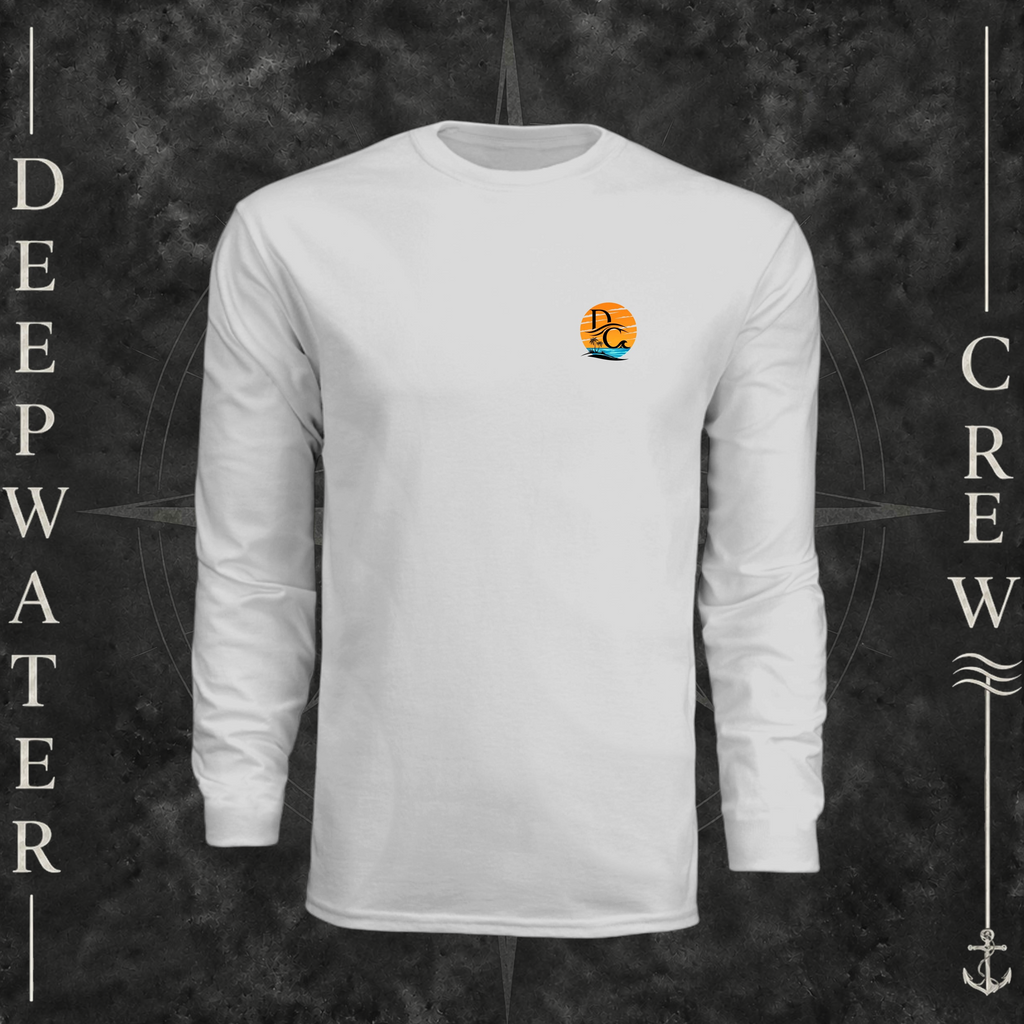 Silver Deepwater Crew Co. Salt Runs Deep UPF 44+ long-sleeve performance shirt, front view with small tropical DC sunset-and-wave crest logo.