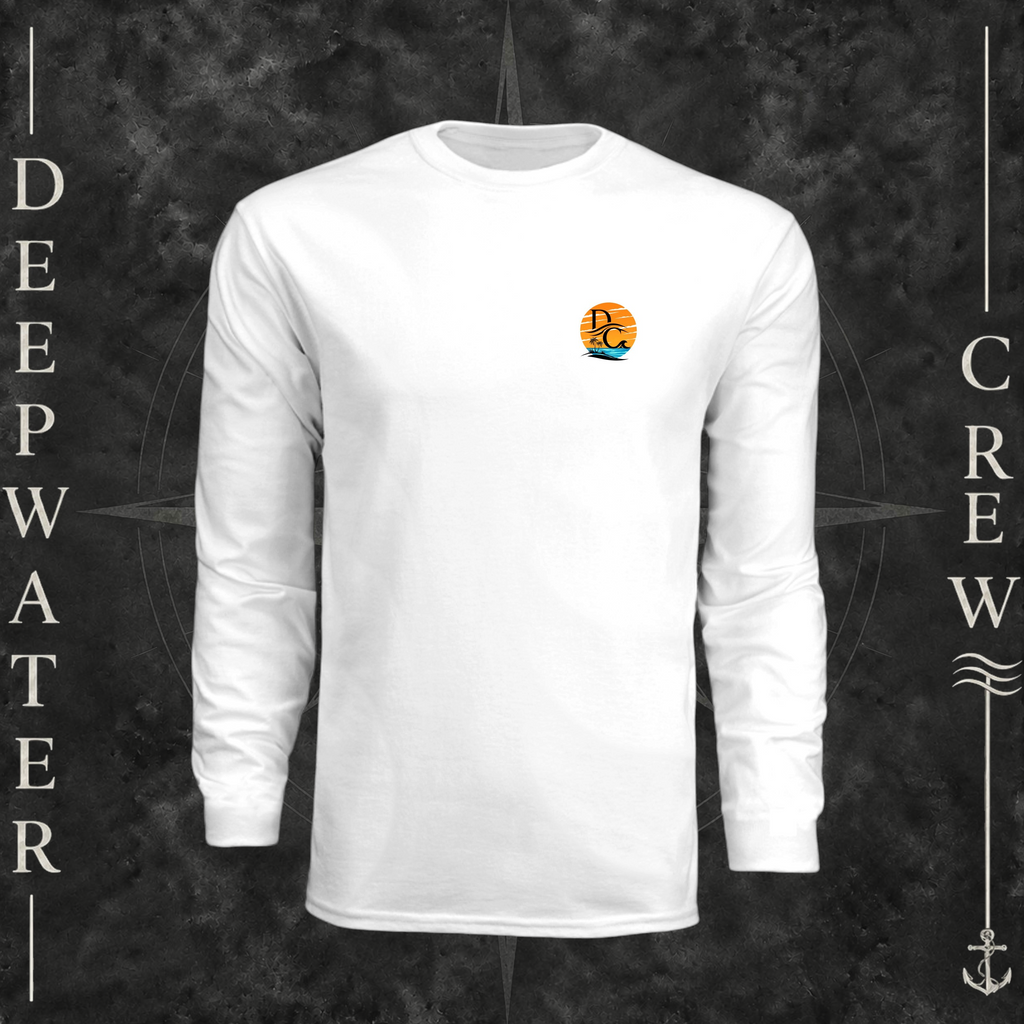 White Deepwater Crew Co. Salt Runs Deep UPF 44+ long-sleeve performance shirt, front view with small tropical DC sunset-and-wave crest logo.