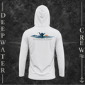 Aluminum Deepwater Crew Co. Salt Runs Deep UPF 50+ performance hoodie, back view with shaka hand, ocean waves, distant mountains, orange sunset, seabirds, and “Salt Runs Deep” lettering.