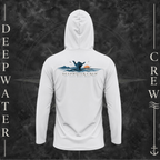 Aluminum Deepwater Crew Co. Salt Runs Deep UPF 50+ performance hoodie, back view with shaka hand, ocean waves, distant mountains, orange sunset, seabirds, and “Salt Runs Deep” lettering.