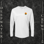 Aluminum Deepwater Crew Co. Salt Runs Deep UPF 50+ performance hoodie, front view with small tropical DC sunset-and-wave crest logo.