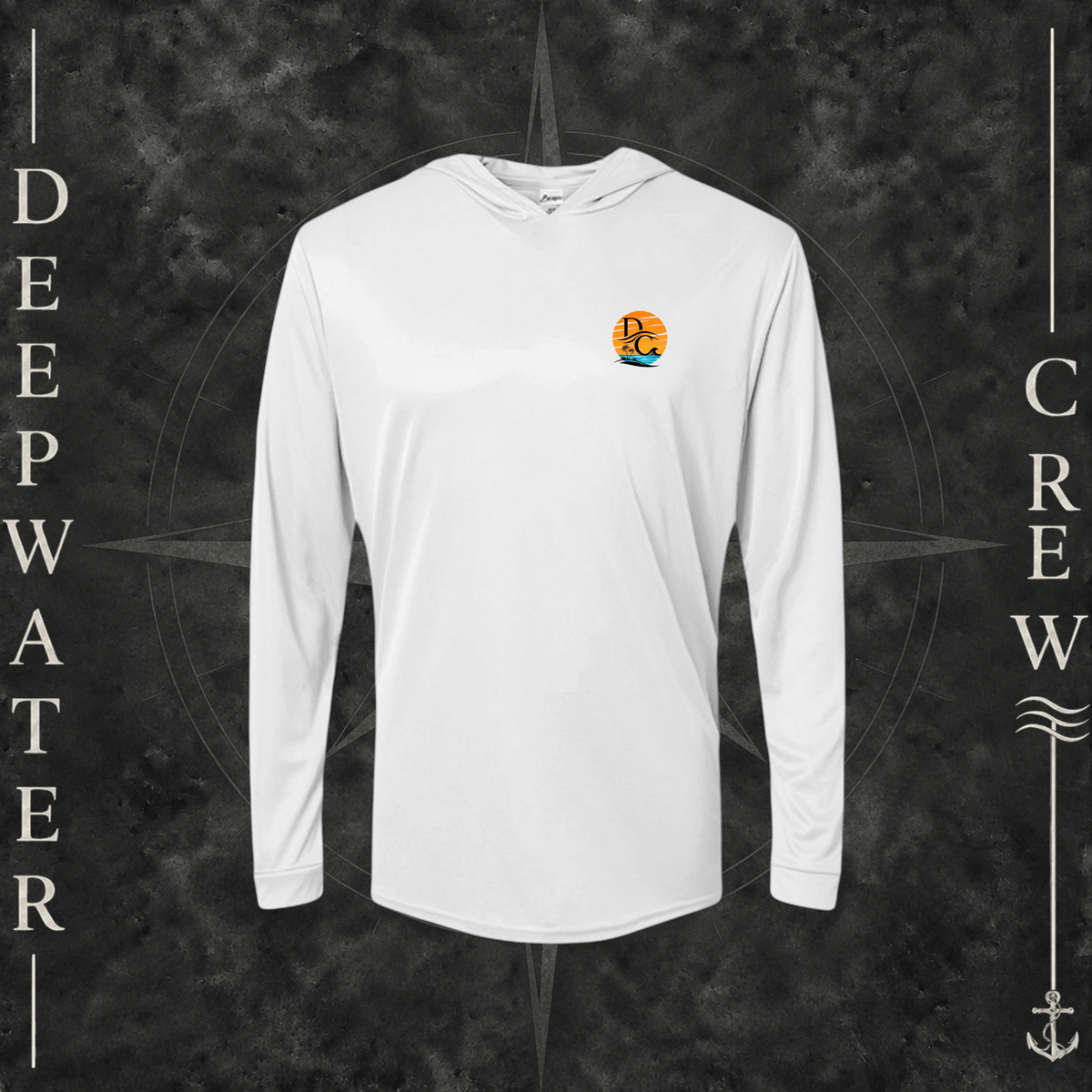 Aluminum Deepwater Crew Co. Salt Runs Deep UPF 50+ performance hoodie, front view with small tropical DC sunset-and-wave crest logo.