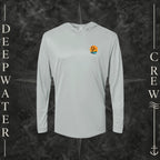 Medium Grey Deepwater Crew Co. Salt Runs Deep UPF 50+ performance hoodie, front view with small tropical DC sunset-and-wave crest logo.
