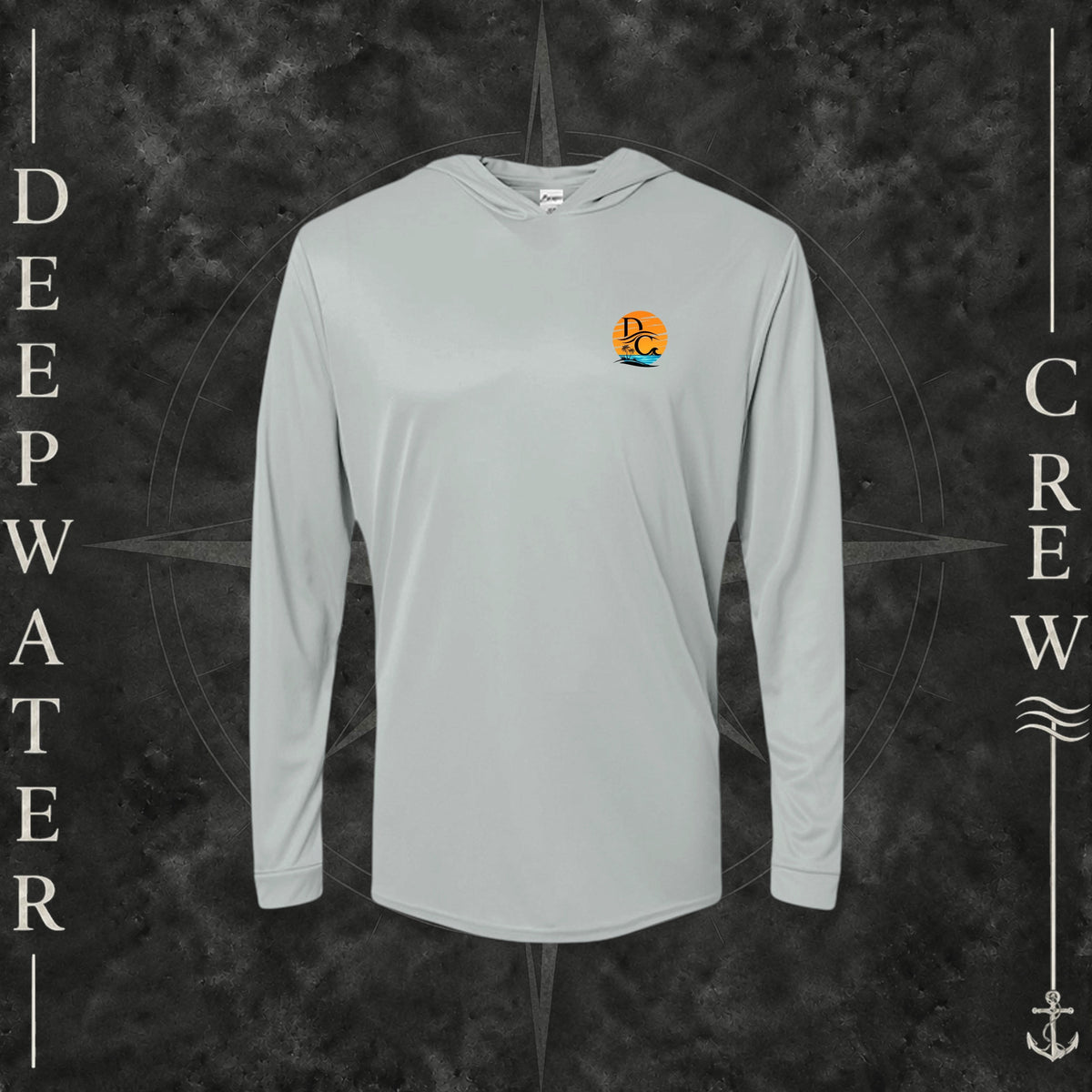 Medium Grey Deepwater Crew Co. Salt Runs Deep UPF 50+ performance hoodie, front view with small tropical DC sunset-and-wave crest logo.