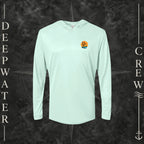 Mint Green Deepwater Crew Co. Salt Runs Deep UPF 50+ performance hoodie, front view with small tropical DC sunset-and-wave crest logo.