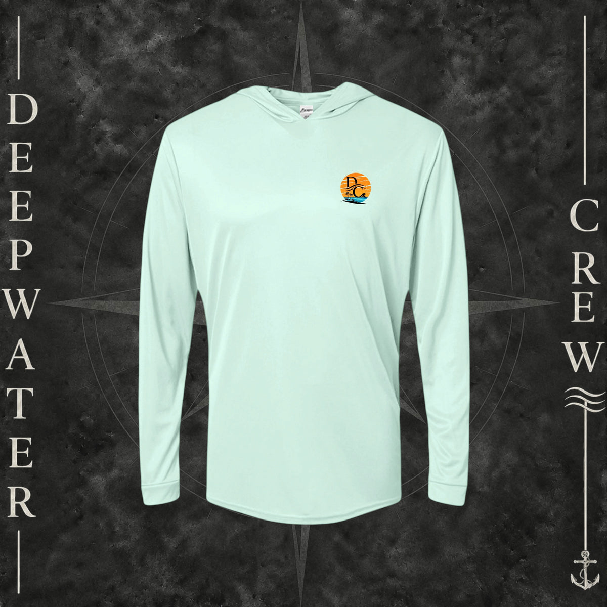Mint Green Deepwater Crew Co. Salt Runs Deep UPF 50+ performance hoodie, front view with small tropical DC sunset-and-wave crest logo.