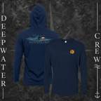 Navy Deepwater Crew Co. Salt Runs Deep UPF 50+ performance hoodie showing front and back views with tropical DC sunset-and-wave chest logo and shaka, ocean waves, mountains, sunset, seabirds, and Salt Runs Deep back graphic.