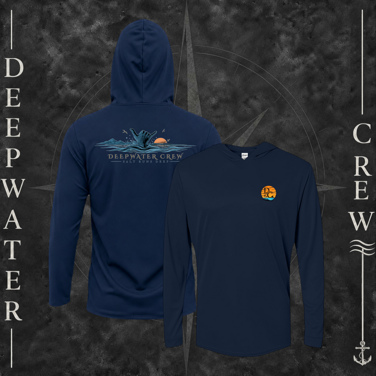 Navy Deepwater Crew Co. Salt Runs Deep UPF 50+ performance hoodie showing front and back views with tropical DC sunset-and-wave chest logo and shaka, ocean waves, mountains, sunset, seabirds, and Salt Runs Deep back graphic.
