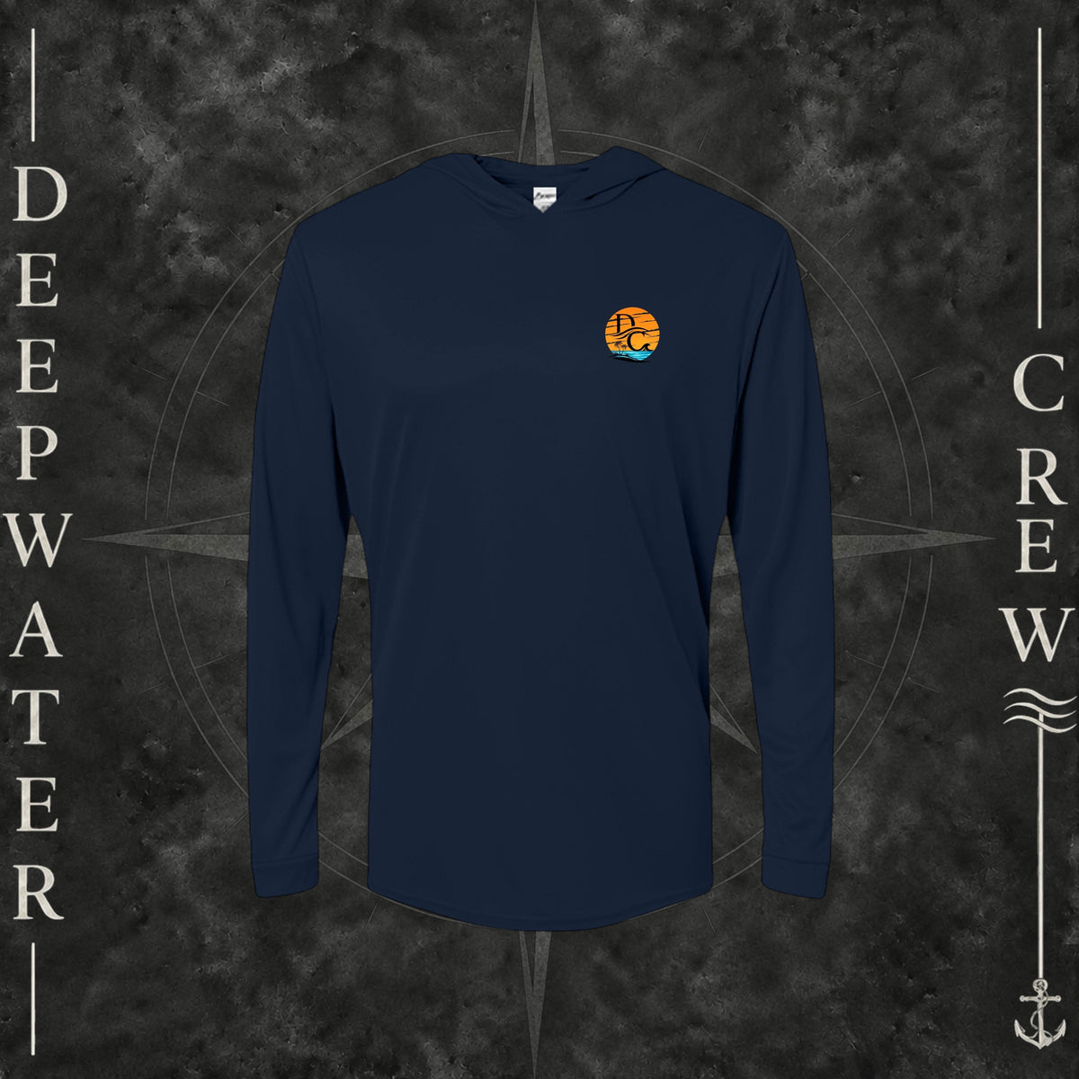Navy Deepwater Crew Co. Salt Runs Deep UPF 50+ performance hoodie, front view with small tropical DC sunset-and-wave crest logo.