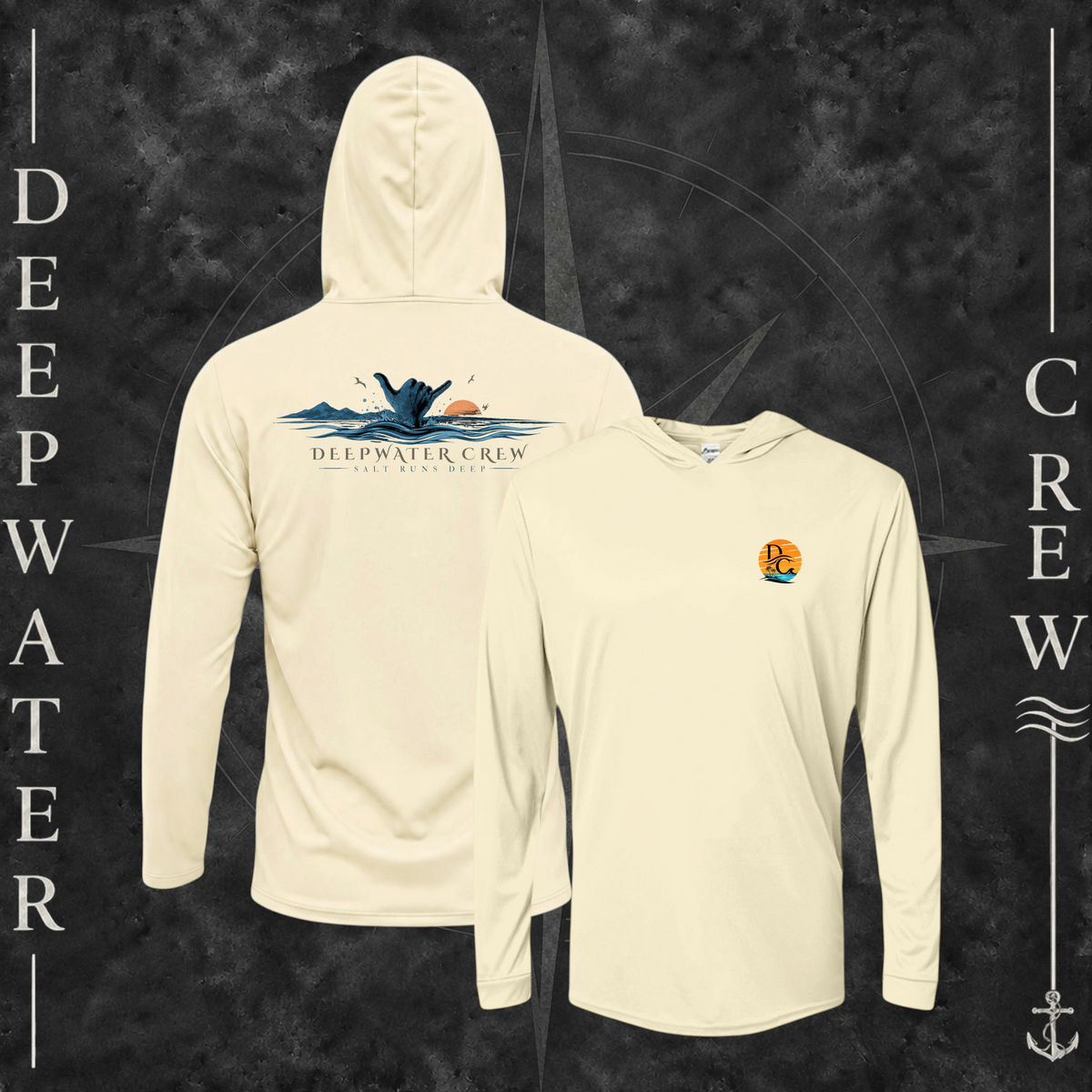 Pale Yellow Deepwater Crew Co. Salt Runs Deep UPF 50+ performance hoodie showing front and back views with tropical DC sunset-and-wave chest logo and shaka, ocean waves, mountains, sunset, seabirds, and Salt Runs Deep back graphic.