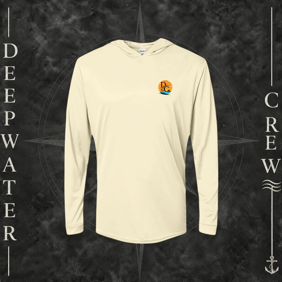 Pale Yellow Deepwater Crew Co. Salt Runs Deep UPF 50+ performance hoodie, front view with small tropical DC sunset-and-wave crest logo.