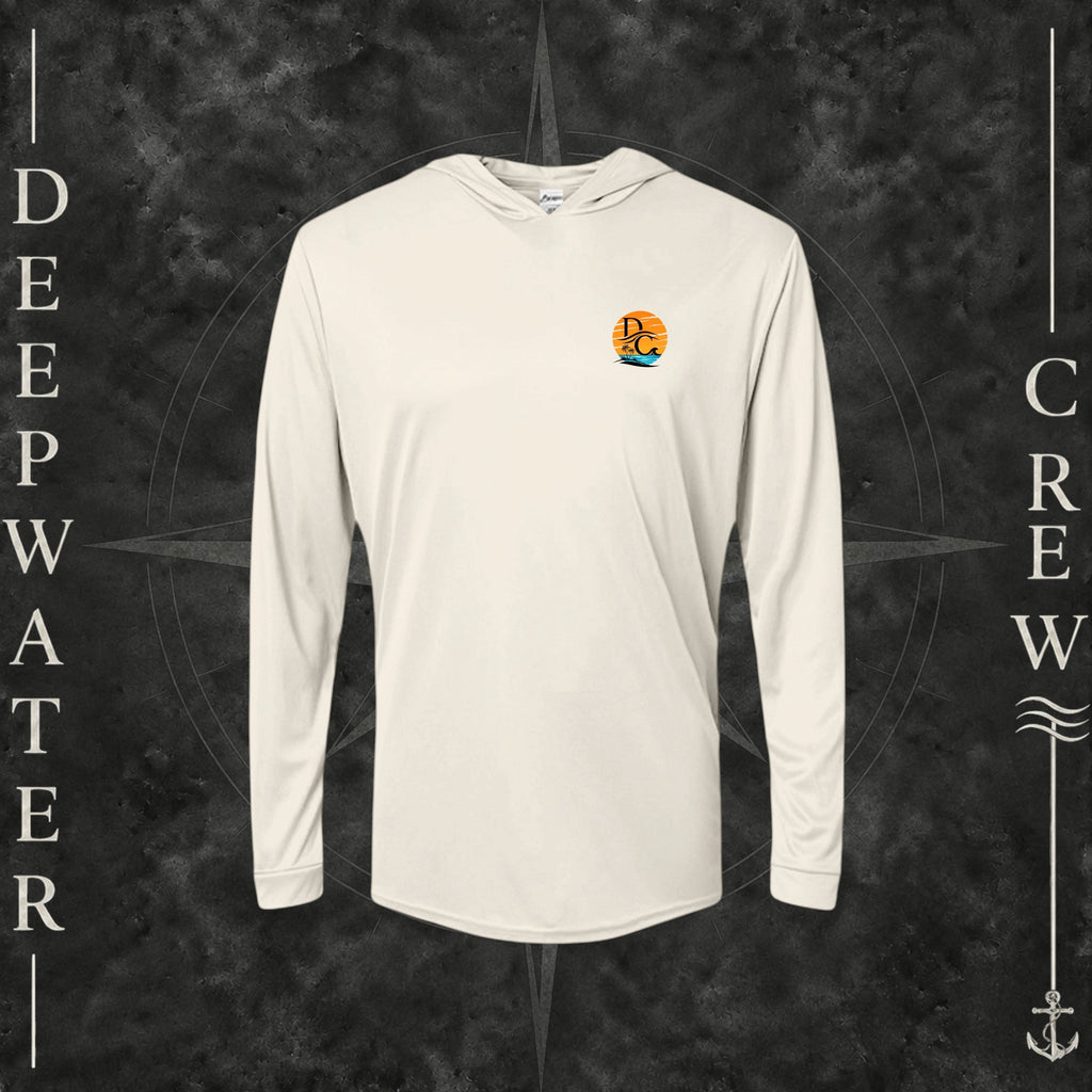 Sand Deepwater Crew Co. Salt Runs Deep UPF 50+ performance hoodie, front view with small tropical DC sunset-and-wave crest logo.
