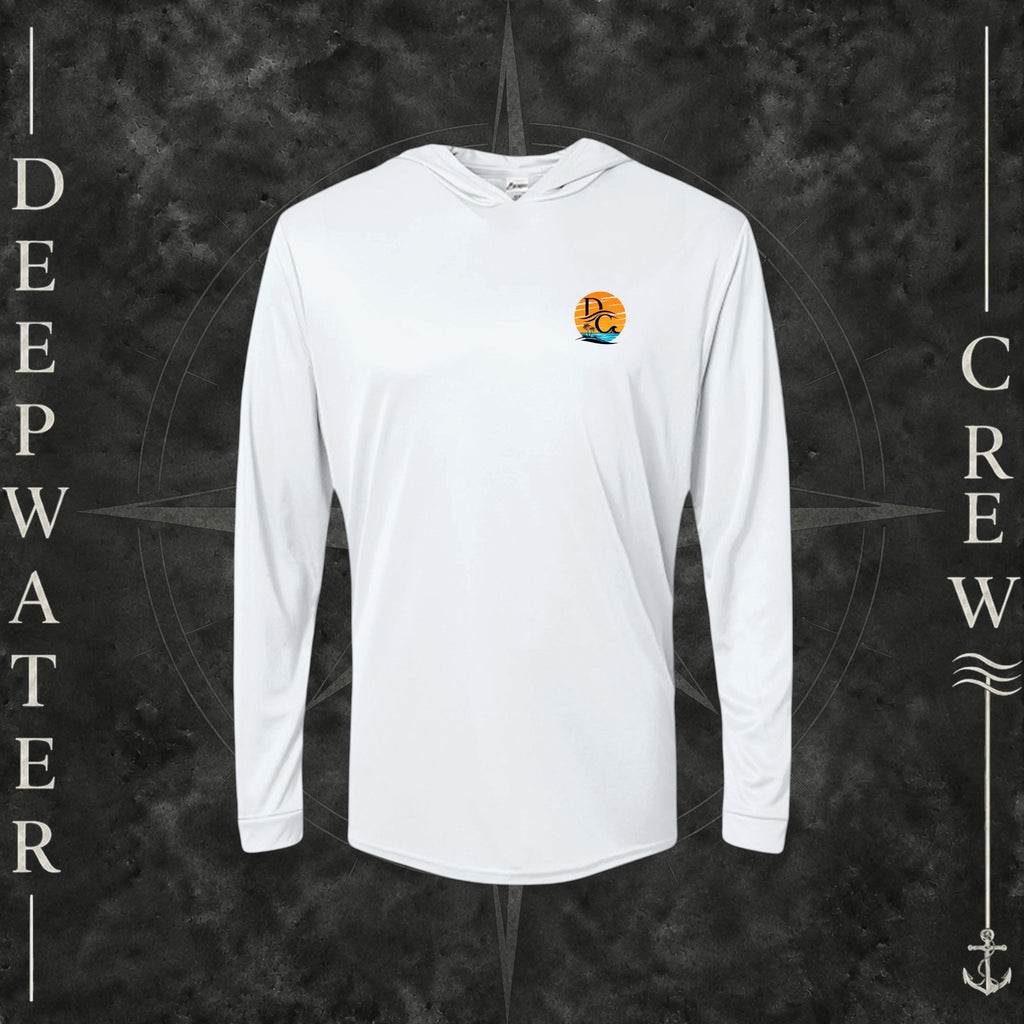 White Deepwater Crew Co. Salt Runs Deep UPF 50+ performance hoodie, front view with small tropical DC sunset-and-wave crest logo.