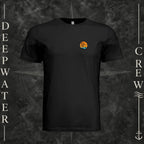 Vintage Black Deepwater Crew Co. Salt Runs Deep crewneck T-shirt, front view with small tropical DC sunset-and-wave crest logo.