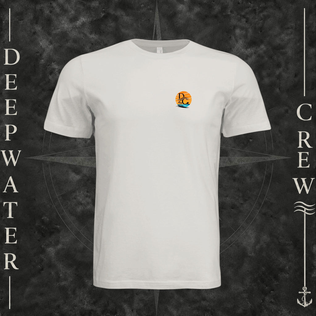 Vintage White Deepwater Crew Co. Salt Runs Deep crewneck T-shirt, front view with small tropical DC sunset-and-wave crest logo.