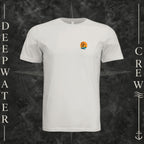 Vintage White Deepwater Crew Co. Salt Runs Deep crewneck T-shirt, front view with small tropical DC sunset-and-wave crest logo.