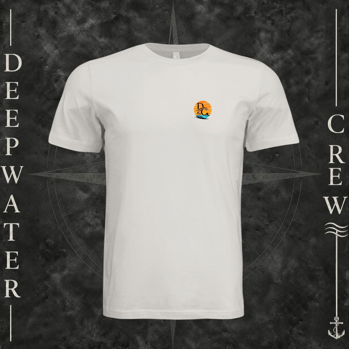 Vintage White Deepwater Crew Co. Salt Runs Deep crewneck T-shirt, front view with small tropical DC sunset-and-wave crest logo.