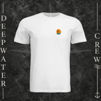 White Deepwater Crew Co. Salt Runs Deep crewneck T-shirt, front view with small tropical DC sunset-and-wave crest logo.