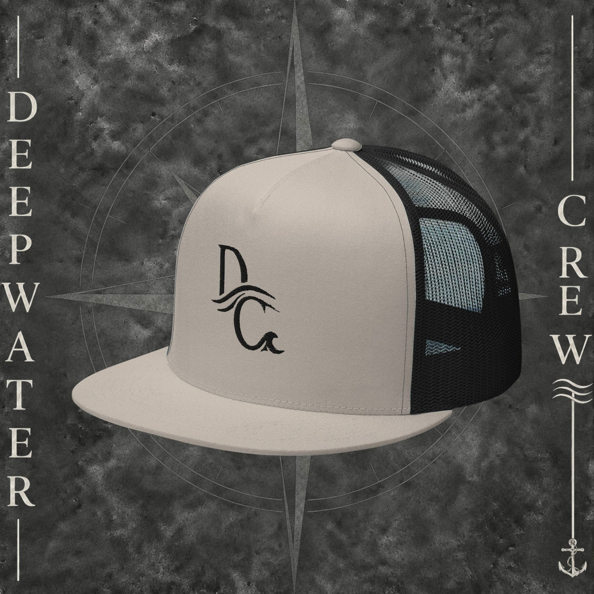 Deepwater Crew Co. silver and black 5-panel trucker cap with flat bill and embroidered wave-and-compass logo