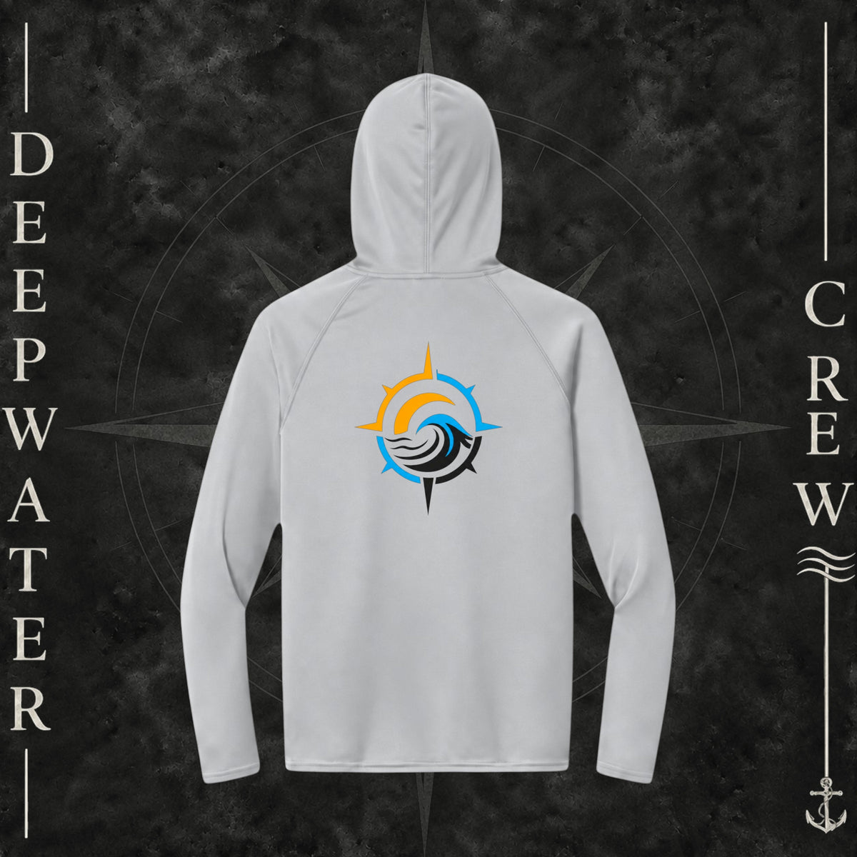 Deepwater Crew Co. Silver Horizon UPF 44+ performance hoodie. Back view of hoodie with a  nautical wave, sun, compass graphic.