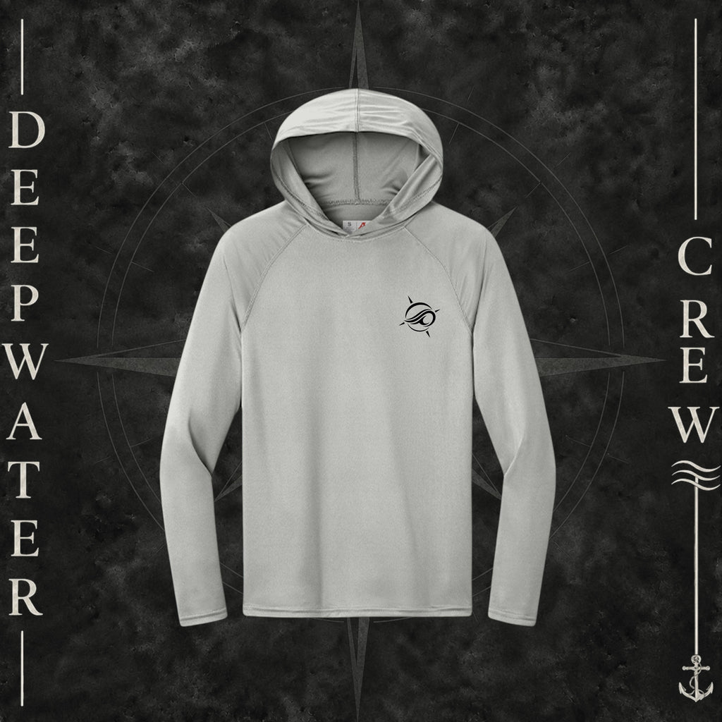 Deepwater Crew Co. Silver Horizon UPF 44+ performance hoodie. Front view of hoodie with a  deepwater crew logo graphic on the left chest.
