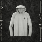 Deepwater Crew Co. Silver Horizon UPF 44+ performance hoodie. Front view of hoodie with a  deepwater crew logo graphic on the left chest.