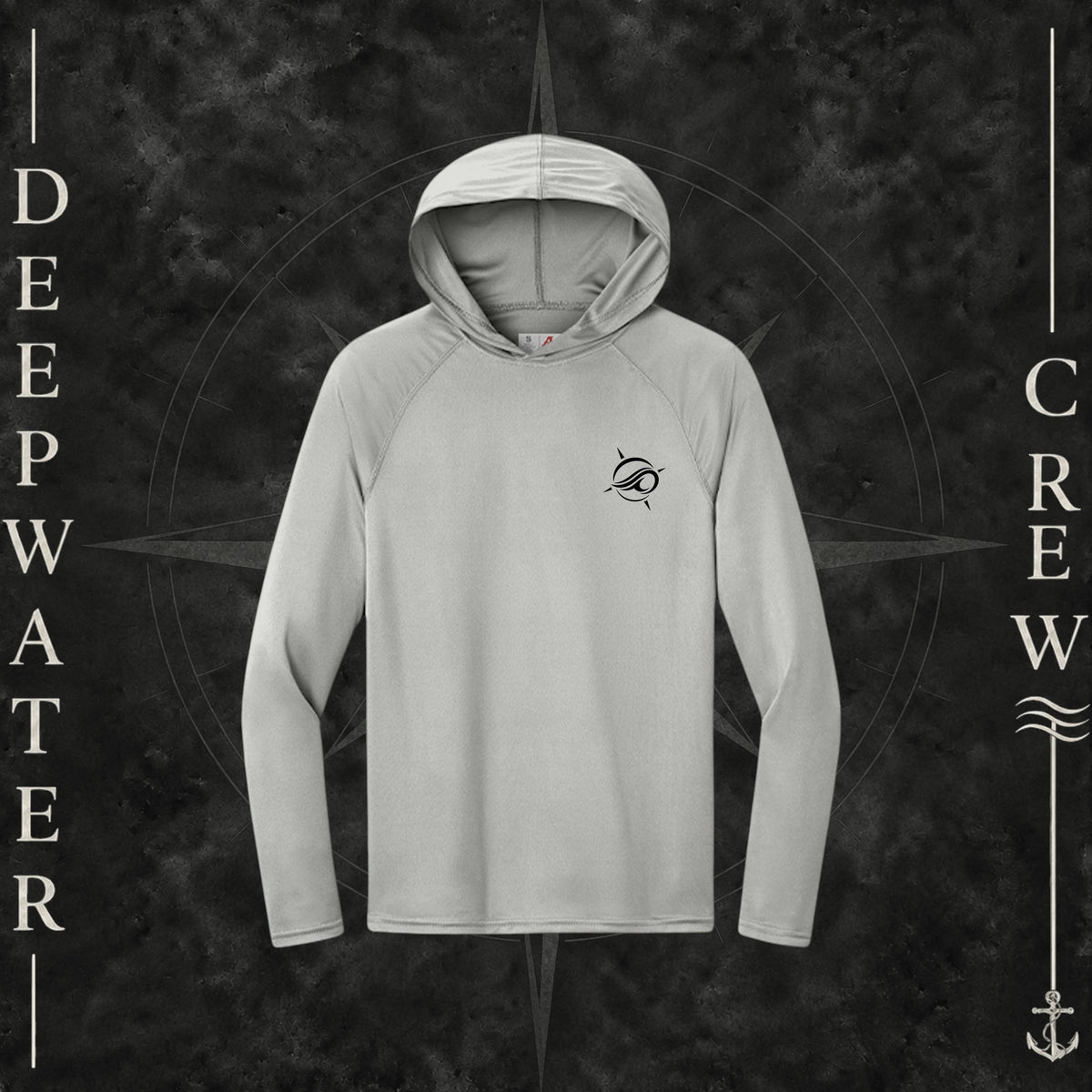 Deepwater Crew Co. Silver Horizon UPF 44+ performance hoodie. Front view of hoodie with a  deepwater crew logo graphic on the left chest.