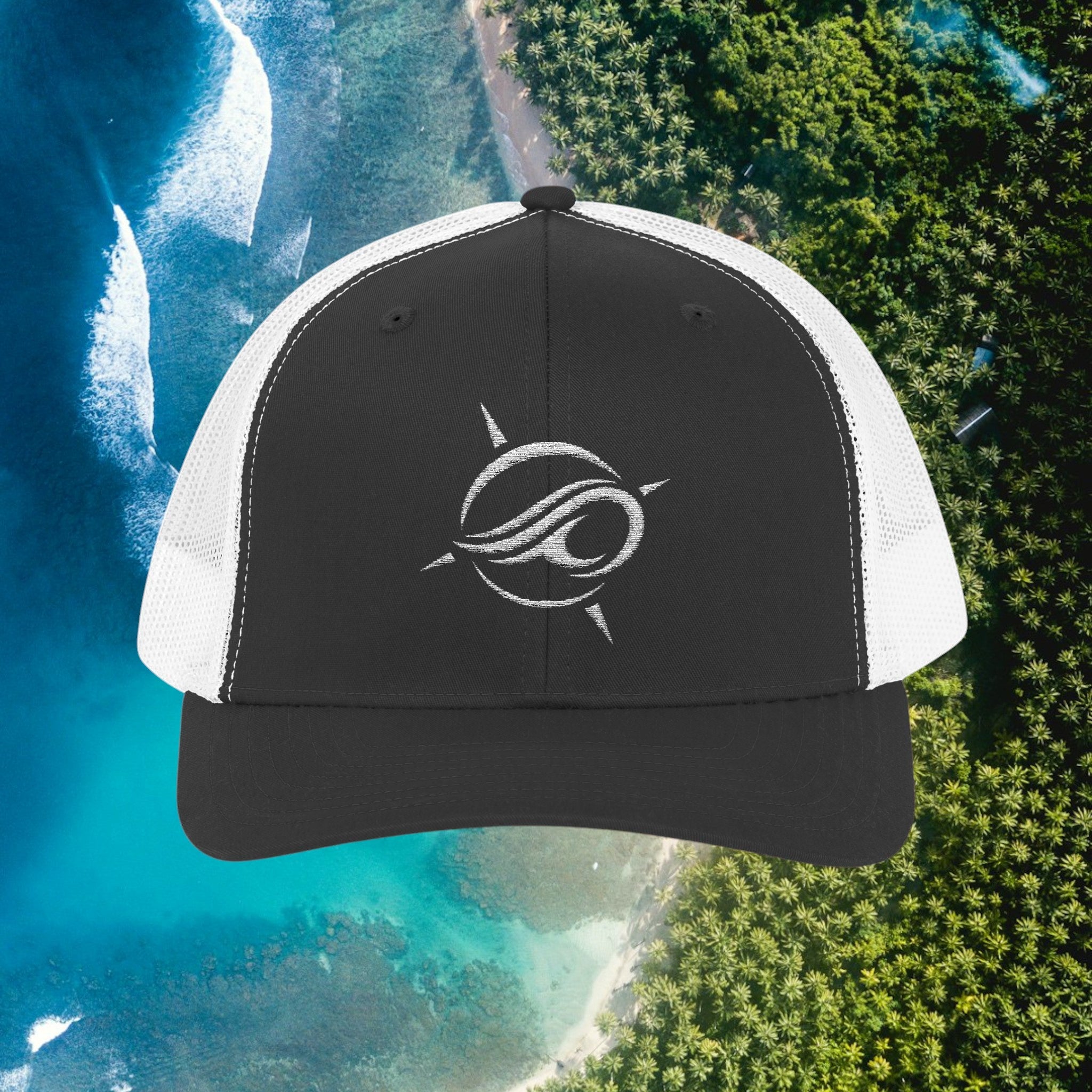 Deepwater Crew Co. black and white trucker hat with embroidered wave logo. Cotton front, mesh back.