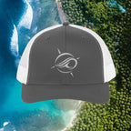 Deepwater Crew Co. charcoal and white mesh trucker hat with embroidered wave logo. Structured, mid-profile design.