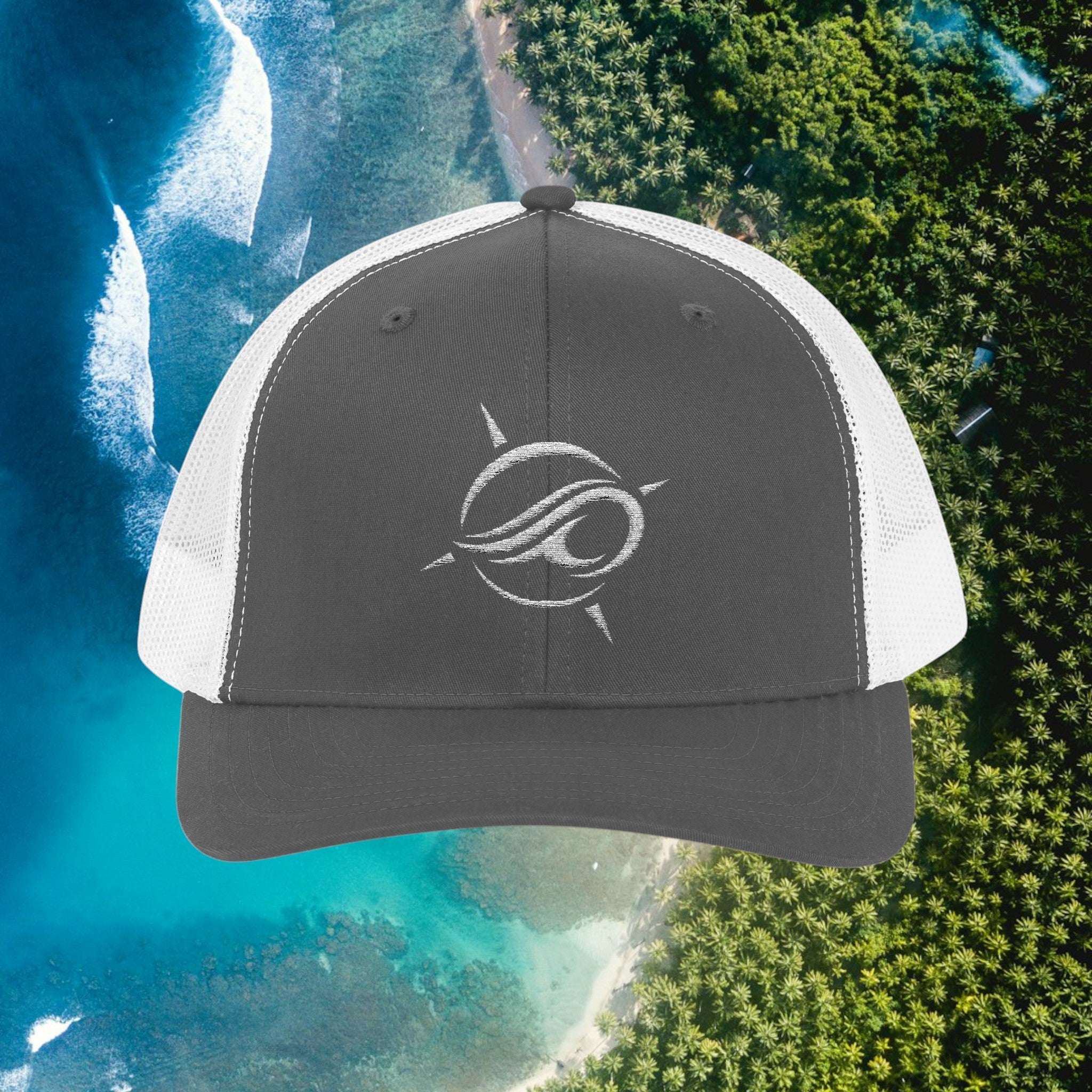 Deepwater Crew Co. charcoal and white mesh trucker hat with embroidered wave logo. Structured, mid-profile design.