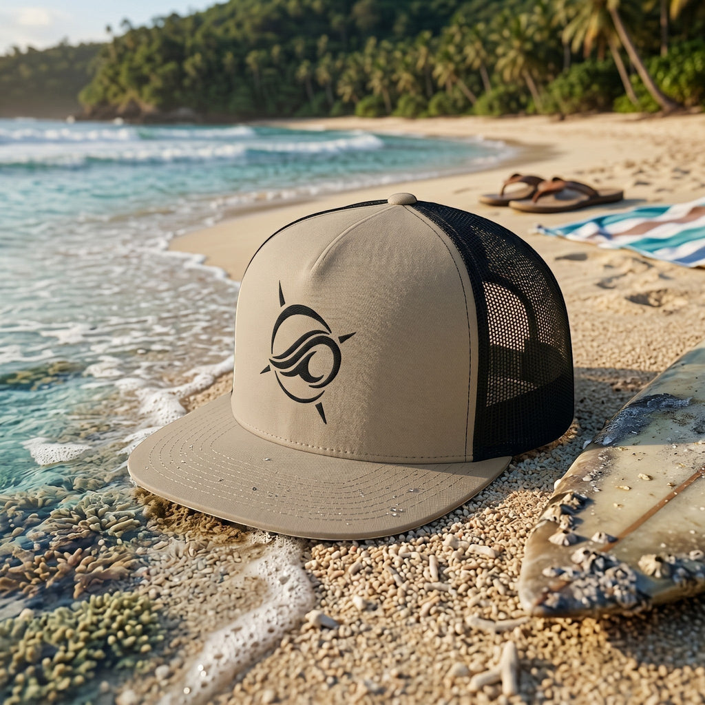 Deepwater Crew Co. tan and black trucker cap with flat bill and wave-compass logo on a tropical beach