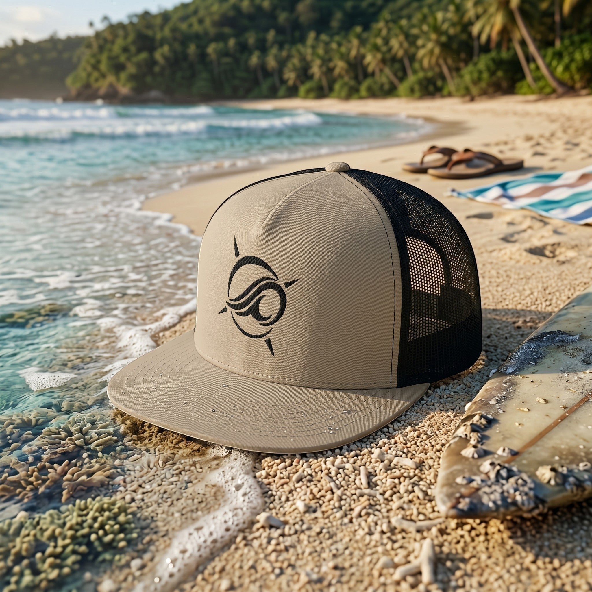 Deepwater Crew Co. tan and black trucker cap with flat bill and wave-compass logo on a tropical beach