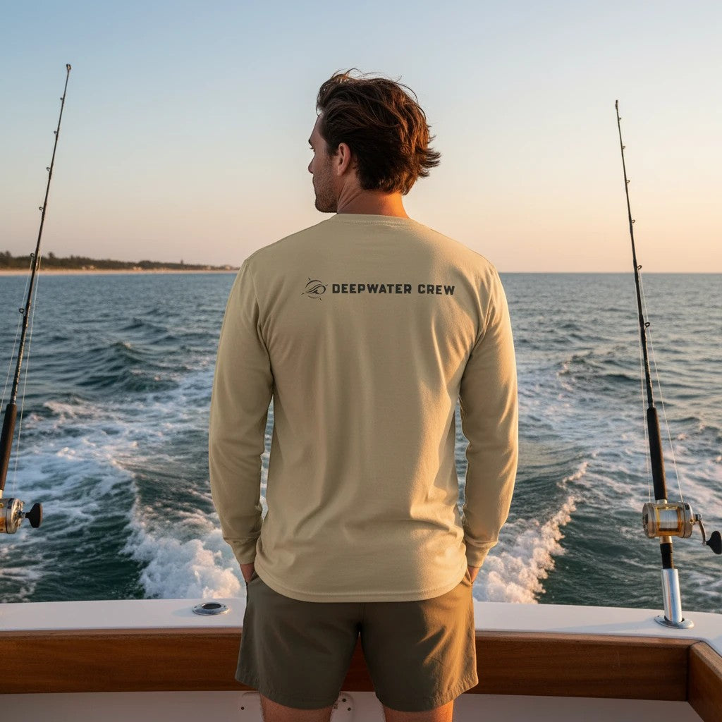 Deepwater Crew Co. tan long-sleeve performance tee with UPF sun protection, worn by a man on a boat.