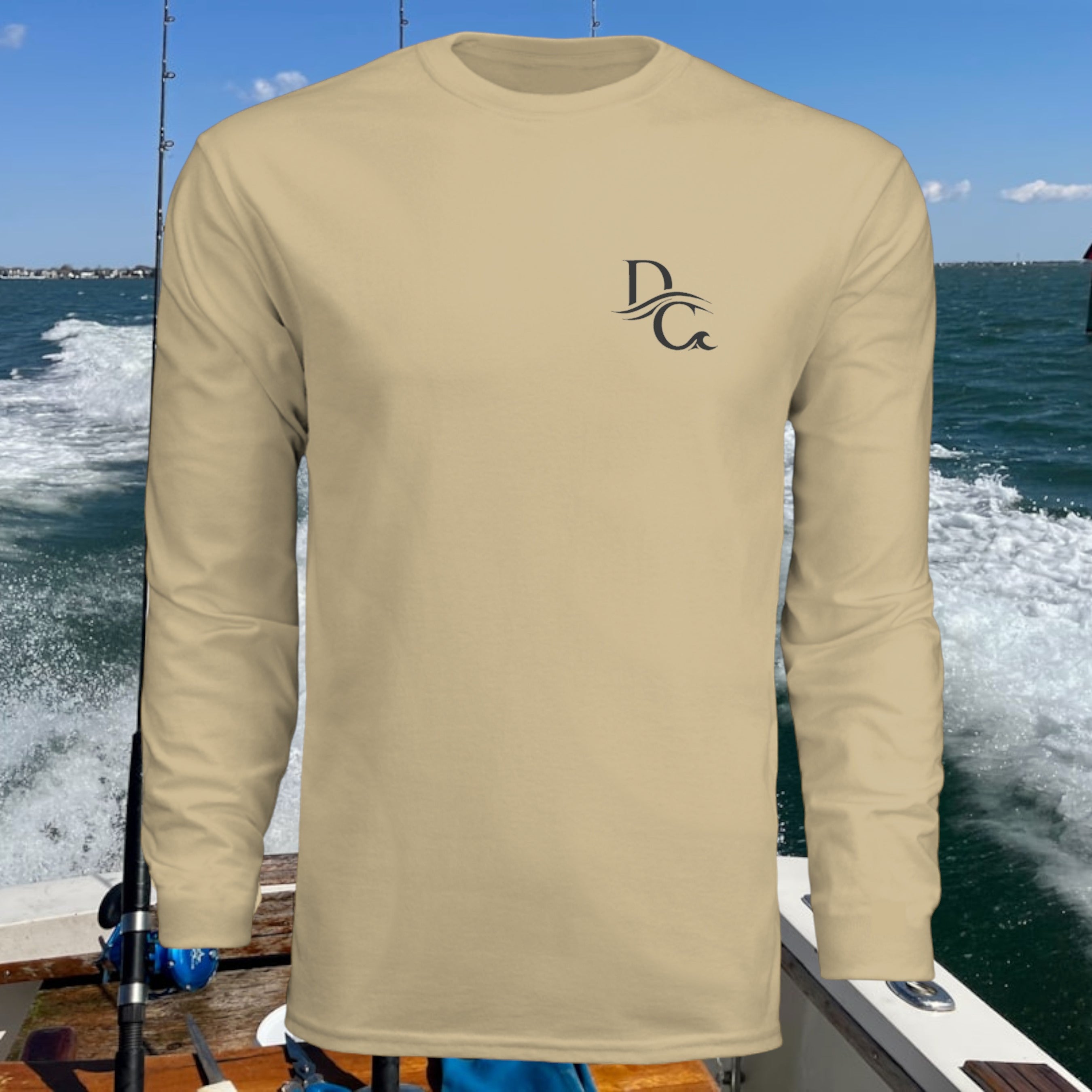 Deepwater Crew Co. tan long-sleeve polyester performance tee with UPF 44+ sun protection.