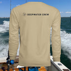 Deepwater Crew Co. tan long-sleeve polyester tee with crew neck and logo on back. UPF 44+ sun protection.