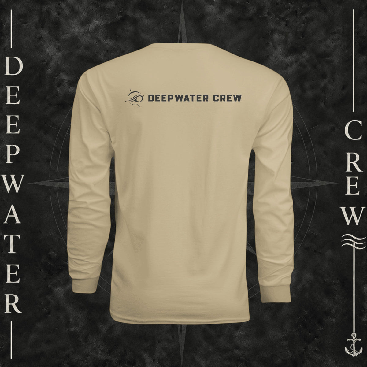 Deepwater Crew Co. tan long-sleeve performance shirt with logo on back, worn on a boat for sun protection.