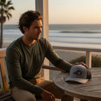 Deepwater Crew Co. tan trucker hat with embroidered wave logo, mesh back, and curved brim.